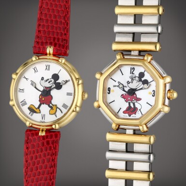 View full screen - View 1 of Lot 105. A set of two mother-of-pearl retro fantasy 'Mickey and Minnie' watches, Circa 1998.