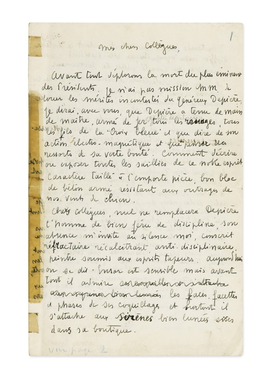 View full screen - View 1 of Lot 46. ENSOR, James. Sur la protection de l'animal et la "Croix bleue". 1933. Discours manuscrit inédit. 3 p..