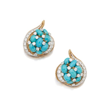 View full screen - View 1 of Lot 221. Pair of Gold, Turquoise and Diamond Earclips.