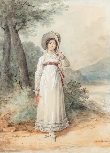 View full screen - View 1 of Lot 1024. Full length portrait of Madame Horace Vernet, born Louise Pujol, drawn outdoors | .
