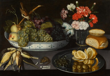 View full screen - View 1 of Lot 30. Still life of peaches and grapes in a porcelain bowl with a sparrow, alongside carnations in a glass vase, bread and a pewter dish with a sliced lemon, olives and capers, a mouse eating sweet meats and dead songbirds, all upon a ledge .