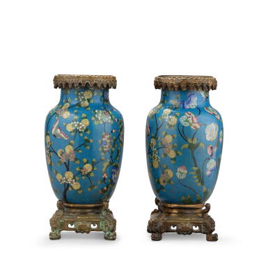 View full screen - View 1 of Lot 214. A pair of cloisonné enamel 'flower and butterfly' baluster vases, Qing dynasty, 19th century | 清十九世紀 掐絲琺瑯蝶戀花紋瓶一對.