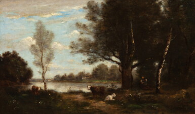 View full screen - View 1 of Lot 131. Landscape with cows | Paysage aux vaches.