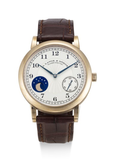 View full screen - View 1 of Lot 62. A. LANGE & SÖHNE | 1815 HOMAGE TO F.A LANGE 1815 MOONPHASE, REFERENCE 212.050, A LIMITED EDITION HONEY GOLD WRISTWATCH WITH HACKING FEATURE AND MOON PHASES, MADE TO COMMEMORATE THE 165TH ANNIVERSARY OF A. LANGE & SÖHNE IN 2010, CIRCA 2011.