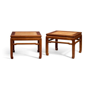 View full screen - View 1 of Lot 25. A pair of huanghuali stools, chandeng Late Ming dynasty | 明末 黃花梨有束腰馬蹄足四方禪凳成對.