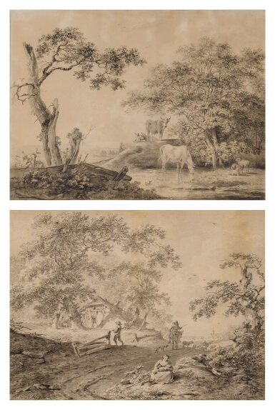 View full screen - View 1 of Lot 268. Wooded landscape with peasants on a path.