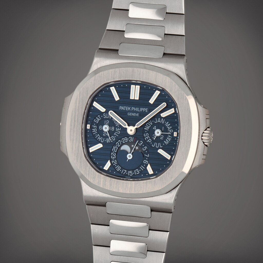 View full screen - View 1 of Lot 29. Nautilus, Reference 5740/1G-001 | A white gold perpetual calendar wristwatch with moon phases, leap year indication and bracelet | Circa 2022 | 百達翡麗 | Nautilus 型號5740/1G-001 | 白金萬年曆鏈帶腕錶備月相及閏年顯示,製作年份約2022.