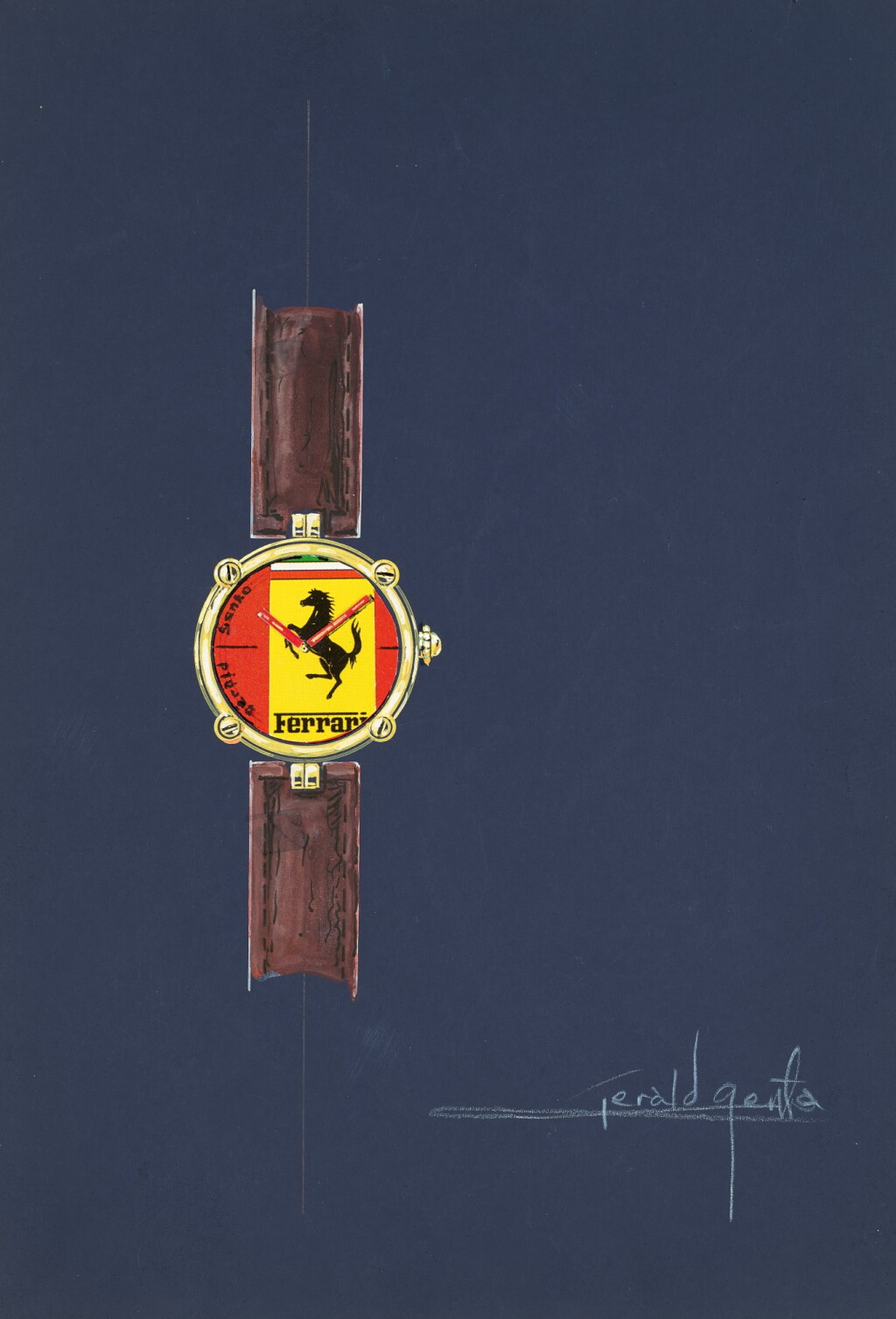 View full screen - View 1 of Lot 32. An unproduced and original prototype design, painted by Gérald Genta with accompanying NFT, Circa 1992 | 傑洛・尊達 一幅未經生產的原型設計圖,由傑洛・尊達繪製並附帶 NFT 証書,約1992年製.