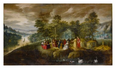 View full screen - View 1 of Lot 552. An extensive landscape with Apollo and the Muses at center, with animals in the foreground and a castle beyond.