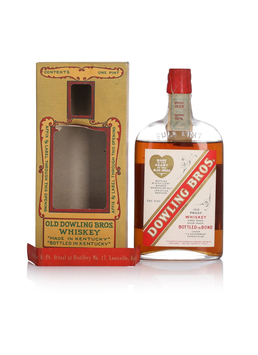 View full screen - View 1 of Lot 89. Dowling Bros 100 Proof 1916 (1 Pint).