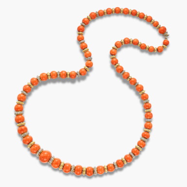 View full screen - View 1 of Lot 1336. Coral and Diamond Necklace | 珊瑚 配 鑽石 項鏈.