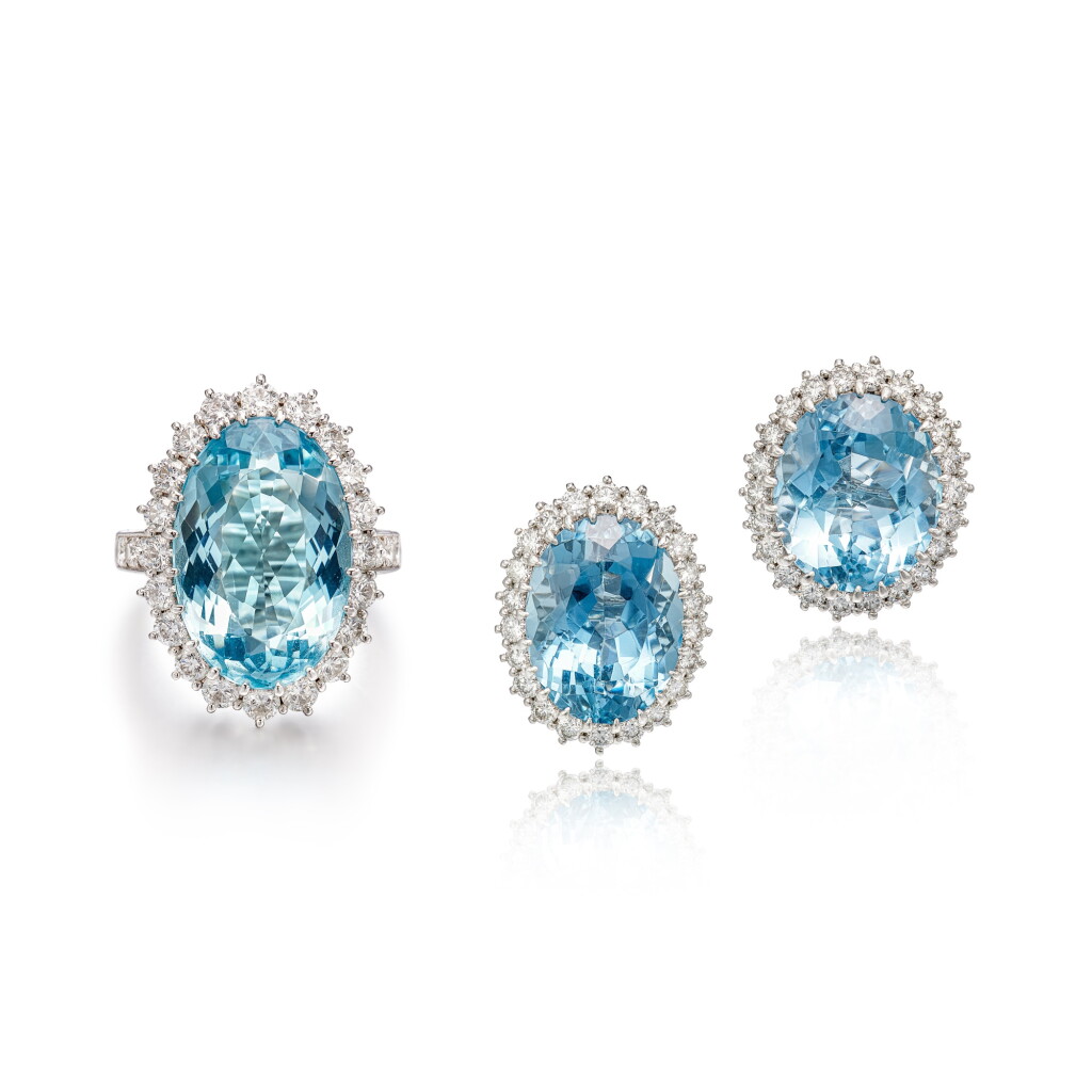 View full screen - View 1 of Lot 1725. Pair of Aquamarine and Diamond Ear Clips and Ring | 海藍寶 配 鑽石 耳夾一對 及 戒指.