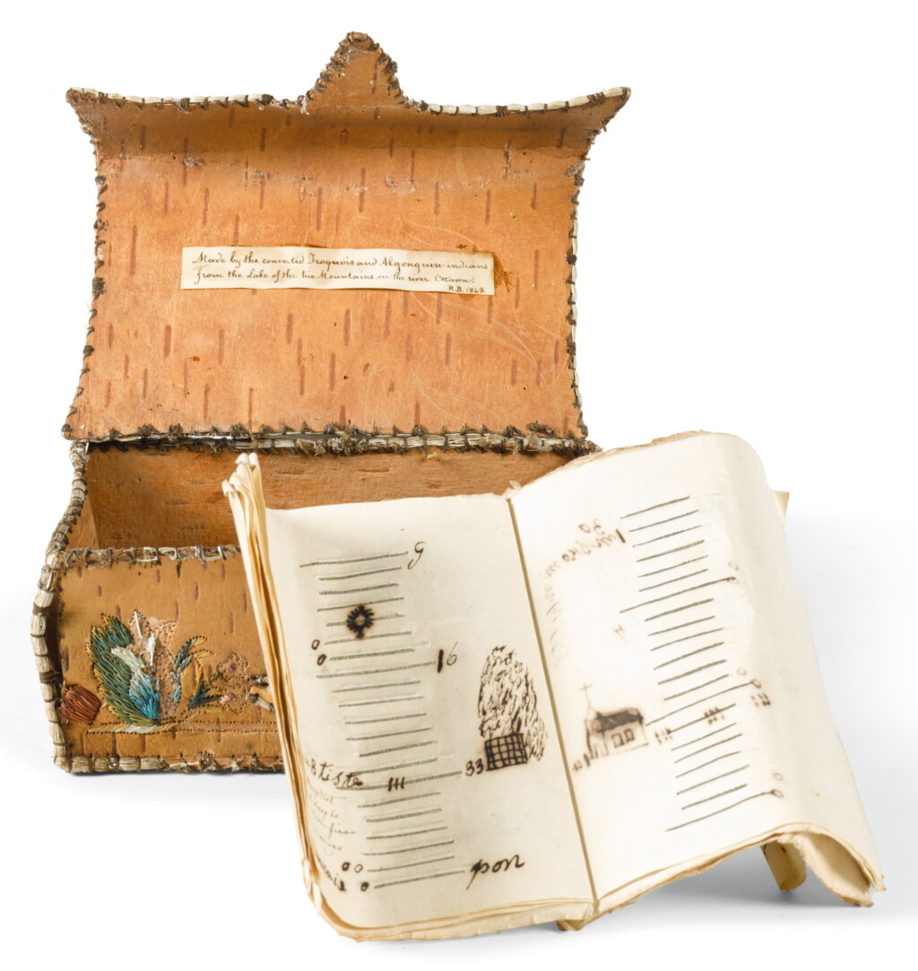 View full screen - View 1 of Lot 197. A NORTHEASTERN EMBROIDERED BIRCHBARK BOX AND ALMANAC.