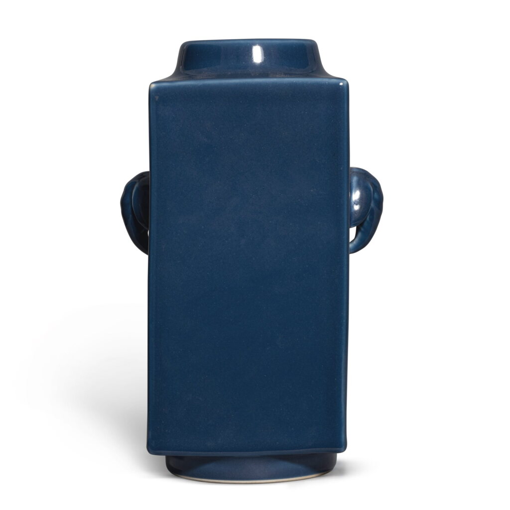 View full screen - View 1 of Lot 6. A blue-glazed cong-form vase, Mark and period of Xuantong | 清宣統 霽藍釉象耳琮式瓶 《大清宣統年製》款.