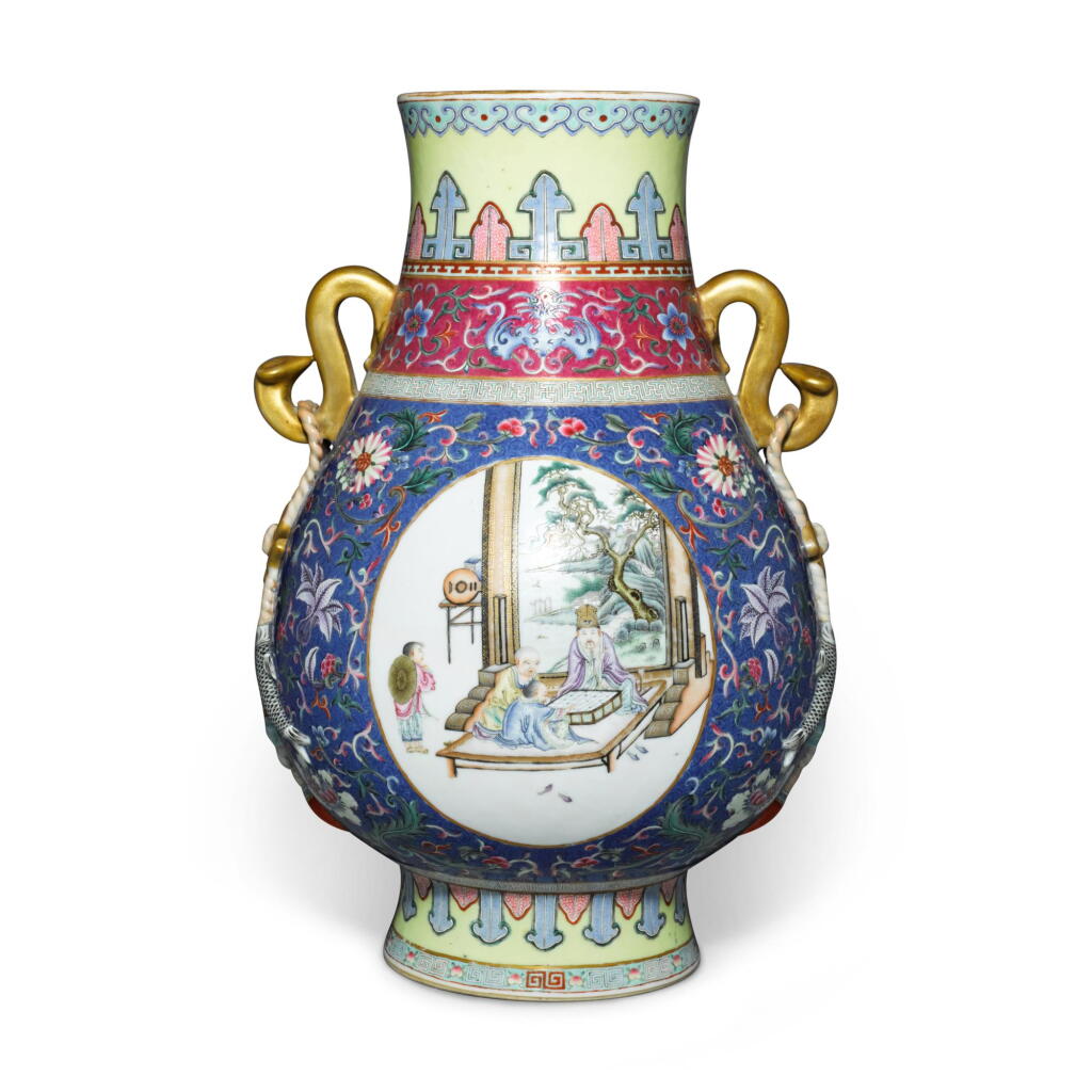 View full screen - View 1 of Lot 1035. A sgraffiato-ground famille-rose 'figural' vase, Republic period | 民國 藍地軋道粉彩開光高士圖如意耳尊 《大清嘉慶年製》仿款.