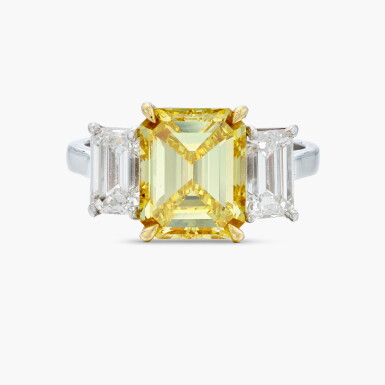 View full screen - View 1 of Lot 355. Fancy Vivid Yellow Diamond and Diamond Ring .