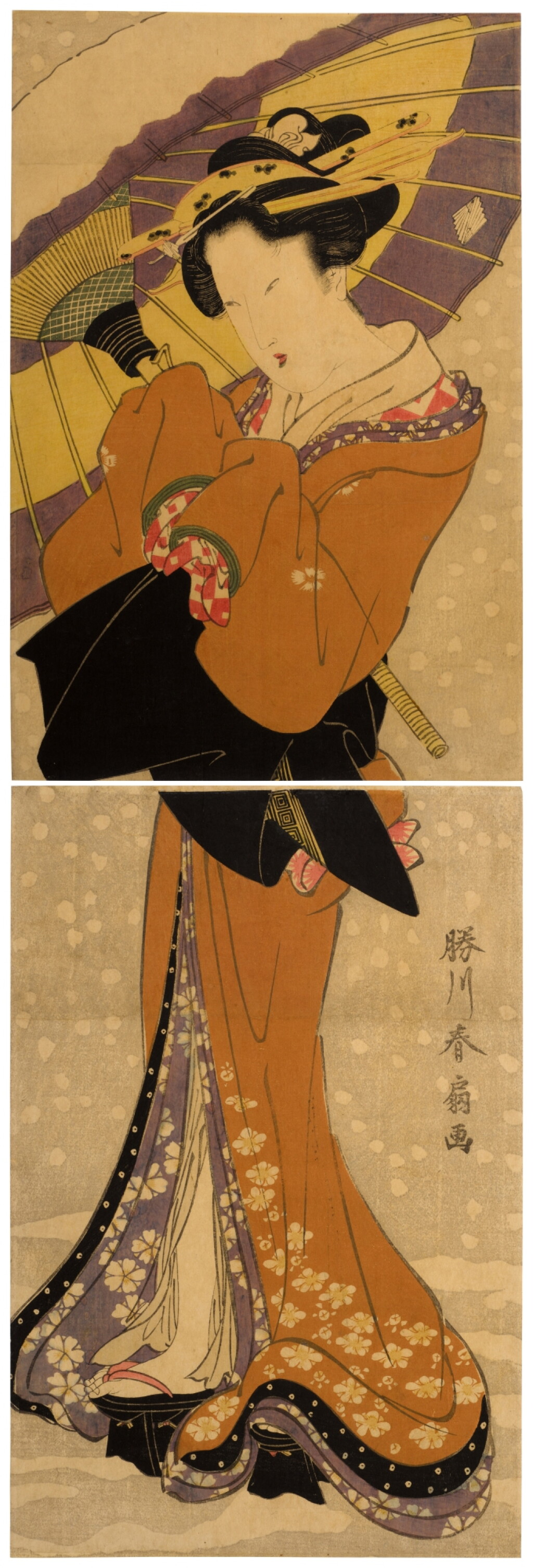 View full screen - View 1 of Lot 15. Katsukawa Shunsen (1762-1830) | A woman with an umbrella in snow | Edo period, 19th century.