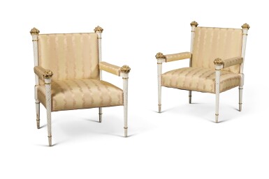 View full screen - View 1 of Lot 182. A Pair of Italian Neoclassical Parcel Gilt White Painted Armchairs, First Quarter 19th Century.