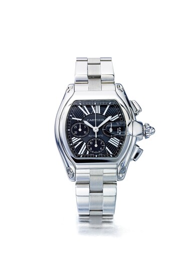 View full screen - View 1 of Lot 26. CARTIER | ROADSTER REF 2618, A STAINLESS STEEL AUTOMATIC CHRONOGRAPH WRISTWATCH WITH DATE AND BRACELET CIRCA 2000.
