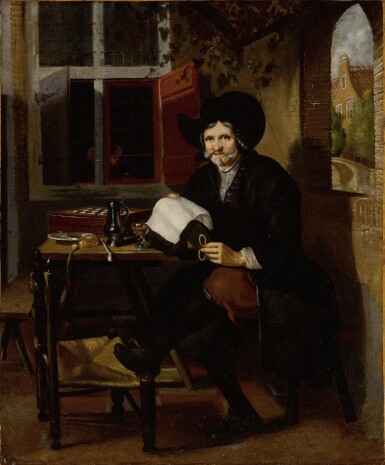 View full screen - View 1 of Lot 403. A man reading on his terrace.