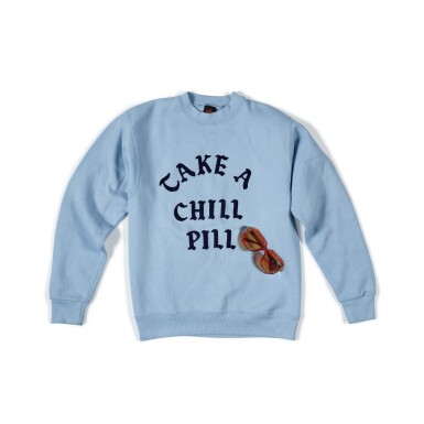 View full screen - View 1 of Lot 21. "Take a Chill Pill" custom sweatshirt designed by April Walker for Main Source's "Just Hangin' Out" music video, ca. 1991.