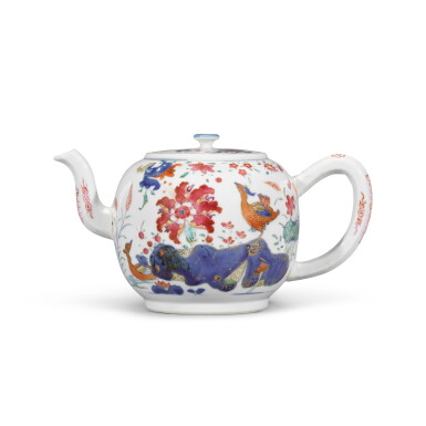 View full screen - View 1 of Lot 284. A famille-rose 'pseudo tobacco leaf' teapot and cover, Qing dynasty, 18th century.