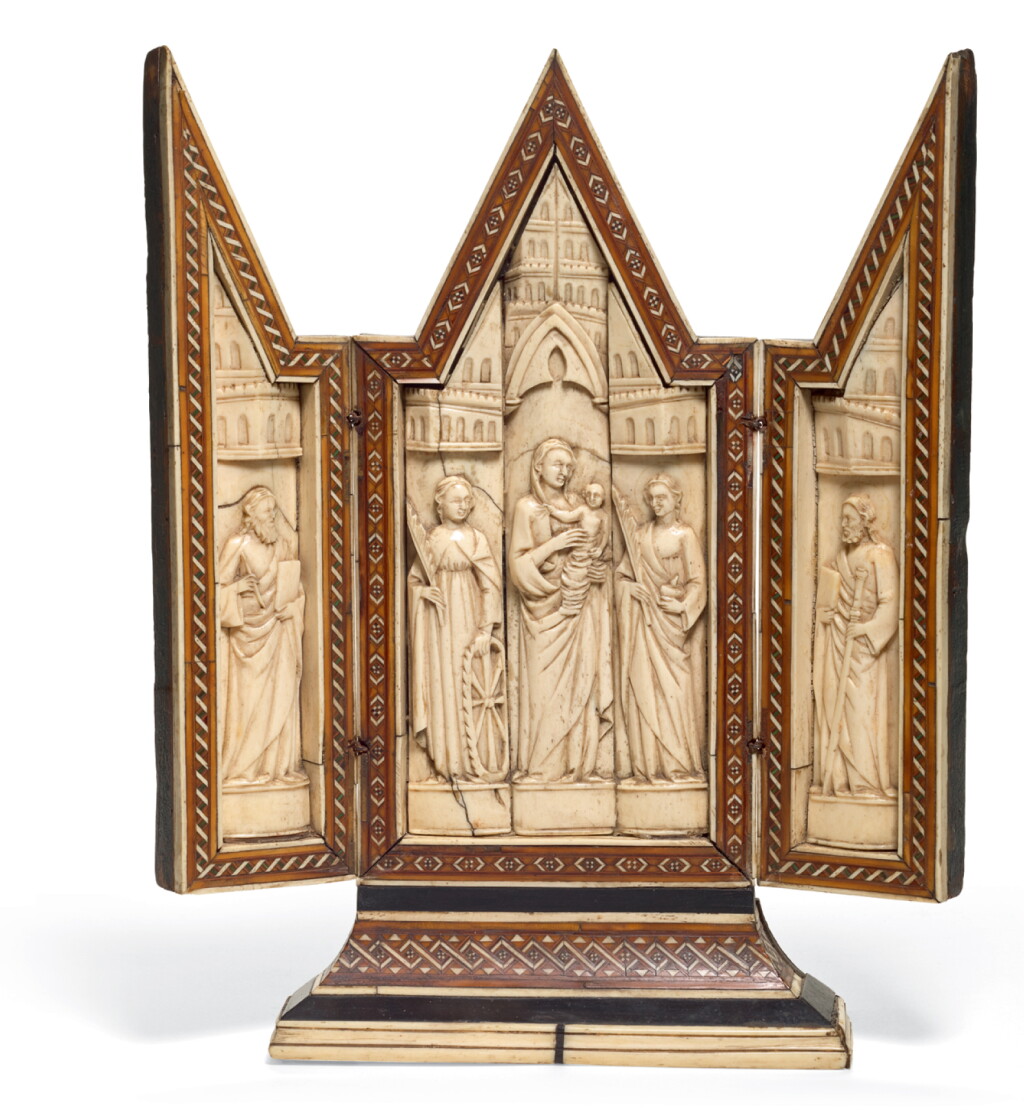 View full screen - View 1 of Lot 12. ITALIAN, VENICE OR FLORENCE, EARLY 15TH CENTURY | TRIPTYCH WITH THE VIRGIN AND CHILD ACCOMPANIED BY SAINTS.