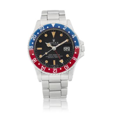 View full screen - View 1 of Lot 2181. GMT-Master, Reference 1675 | A stainless steel dual time zone wristwatch with date and bracelet, Circa 1975 | 勞力士 | GMT-Master 型號1675 | 精鋼兩地時間鏈帶腕錶,備日期顯示,約1975年製.