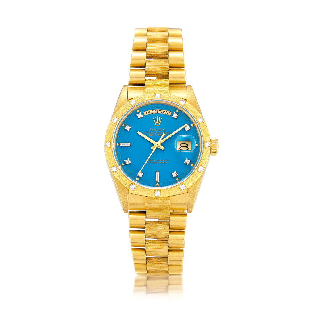 View full screen - View 1 of Lot 2135. Rolex | Day-Date "Stella", Reference 18108, A yellow gold and diamond-set wristwatch with day, date, "Stella" dial and bracelet, Circa 1986 | 勞力士 | Day-Date "Stella" 型號18108 黃金鑲鑽石鏈帶腕錶,備日期、星期顯示及 "Stella" 錶盤,約1986年製.