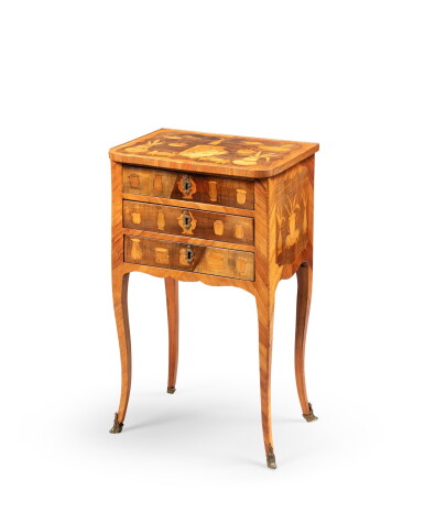 View full screen - View 1 of Lot 65. A late Louis XV tulipwood, sycamore, holly and maple marquetry side table, circa 1770 | Table en chiffonière en bois de rose, sycomore et marqueterie de houx et érable d'époque Louis XV, vers 1770.