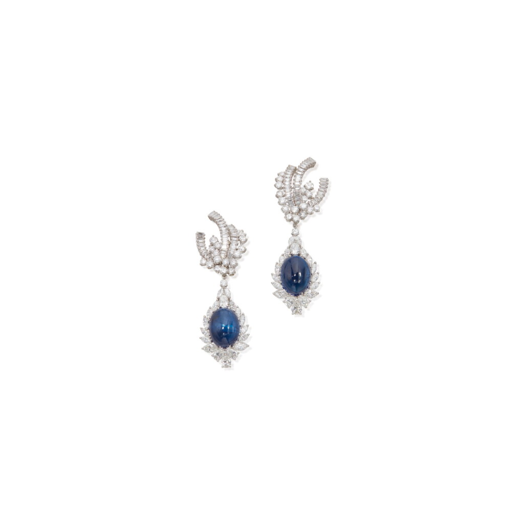 View full screen - View 1 of Lot 247. PAIR OF SAPPHIRE AND DIAMOND PENDANT-EARCLIPS.