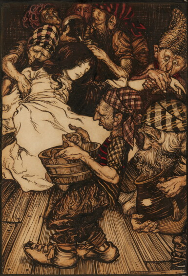 View full screen - View 1 of Lot 358. Arthur Rackham | Original illustration for Snow White ("The Dwarfs...found Snowdrop lying on the ground"), 1900.