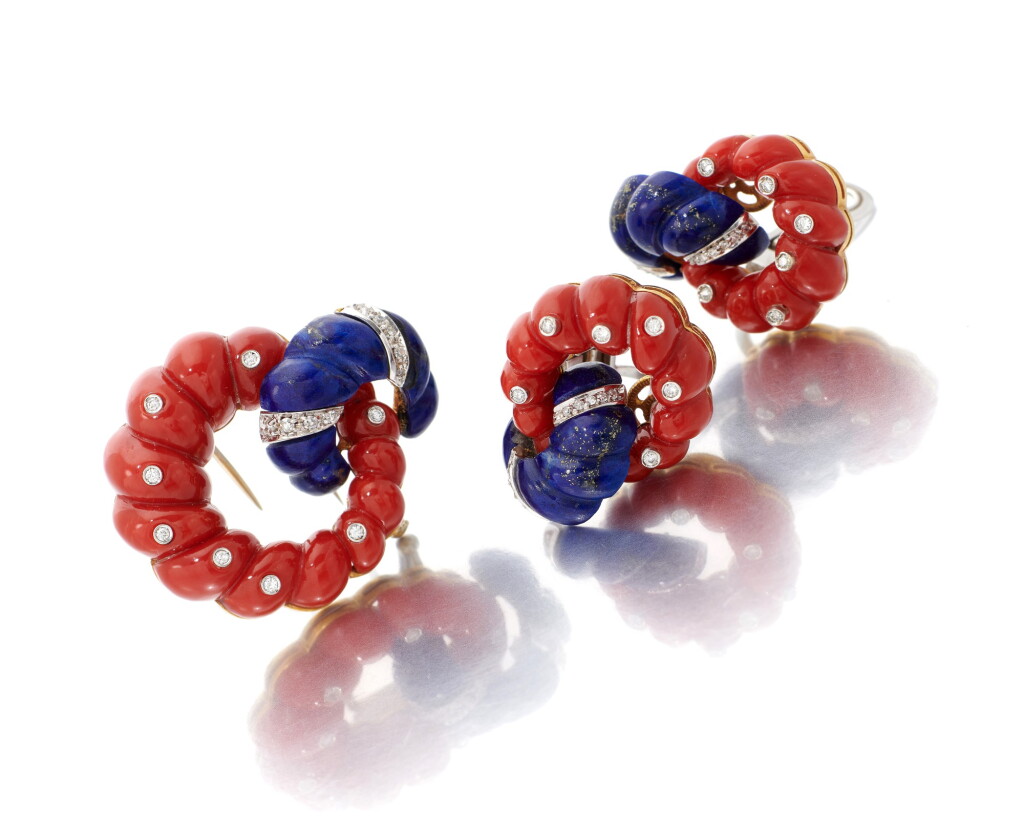 View full screen - View 1 of Lot 145. CORAL, LAPIS LAZULI AND DIAMOND BROOCH AN PAIR OF EARCLIPS (SPILLA E PAIO DI ORECCHINI IN CORALLO, LAPISLAZZULI E DIAMANTI).