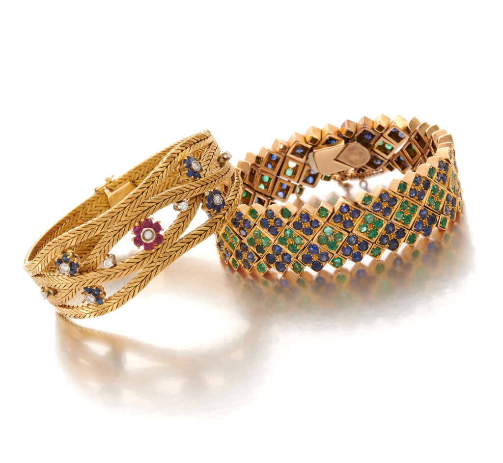 View full screen - View 1 of Lot 56. TWO EMERALD, SAPPHIRE, RUBY AND DIAMOND BRACELETS (DUE BRACCIALI CON SMERALDI, ZAFFIRI, RUBINI E DIAMANTI) .