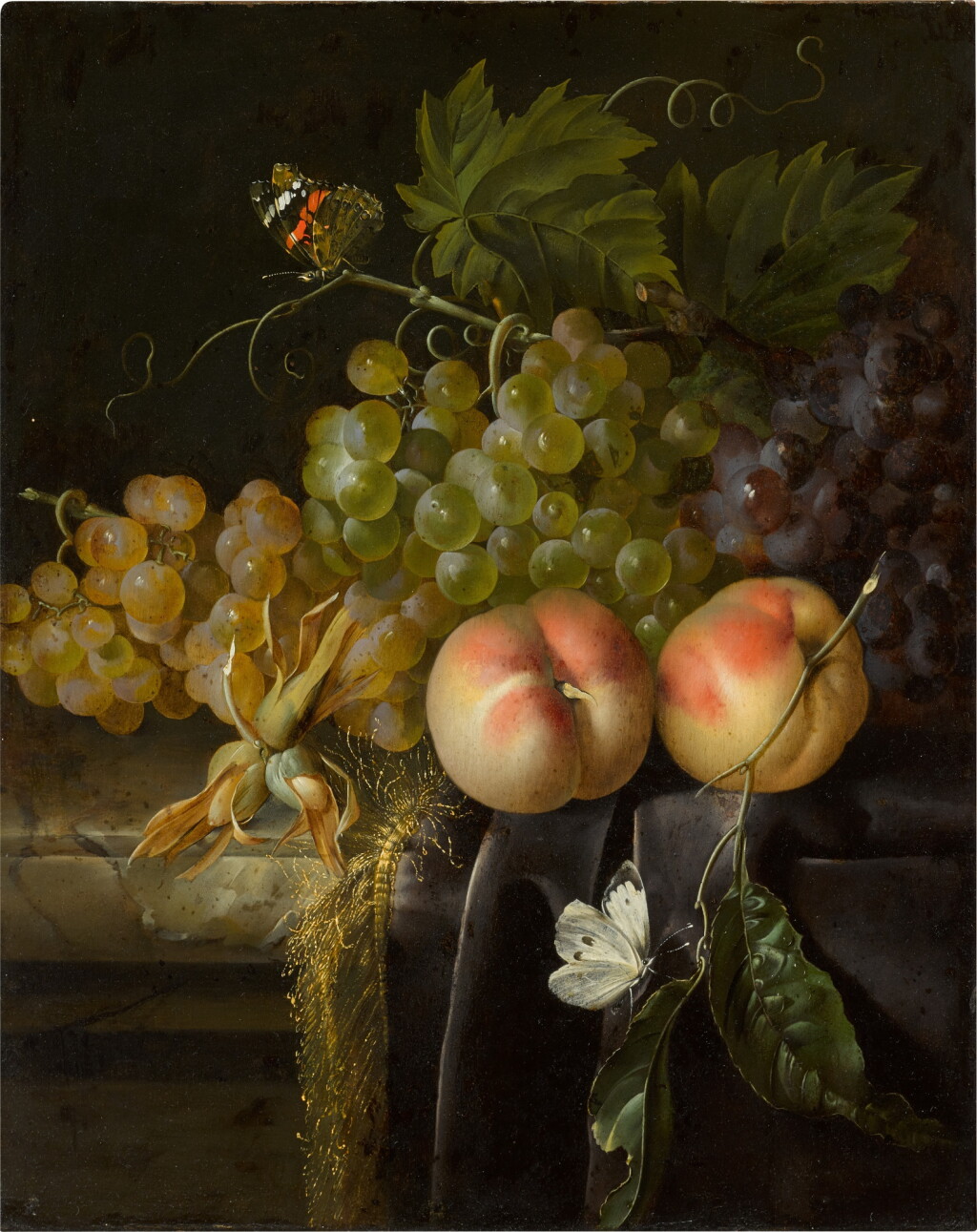 View full screen - View 1 of Lot 440. Still life of fruit, with peaches and grapes arranged on a velvet draped stone ledge, with butterflies.