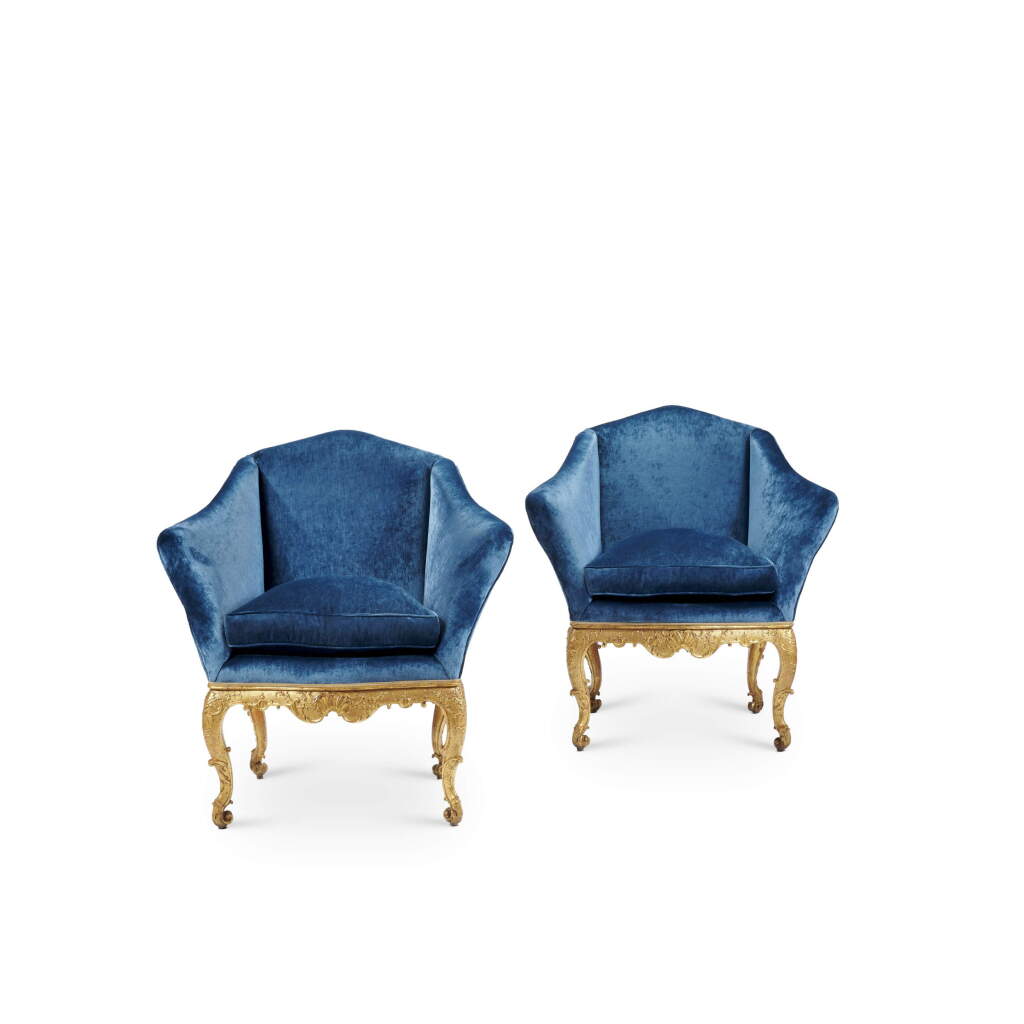 View full screen - View 1 of Lot 145. A pair of Italian giltwood armchairs 'a pozzetto', Venice, circa 1750.