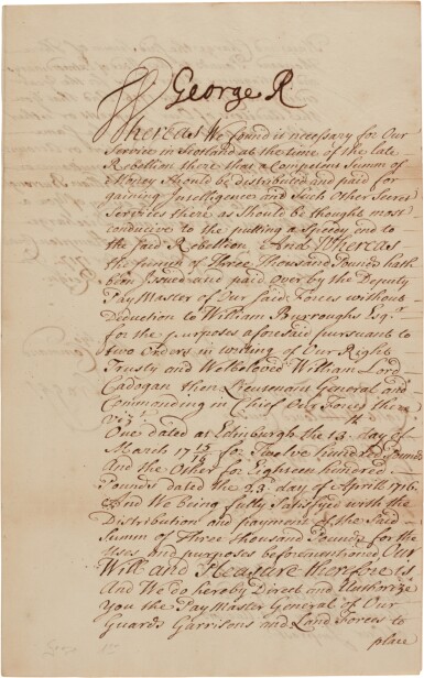 View full screen - View 1 of Lot 22. King George I | Document signed, ordering funds to William Burroughs, September 1717.