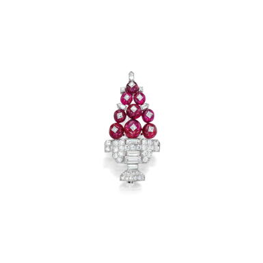 View full screen - View 1 of Lot 62. Cartier | Ruby and Diamond Brooch, France.
