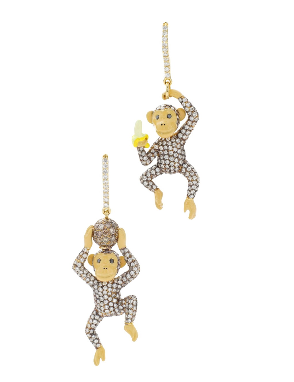 View full screen - View 1 of Lot 19. MICHELE DELLA VALLE | PAIR OF ENAMEL AND DIAMOND PENDENT EARRINGS, 'MONKEYS'.