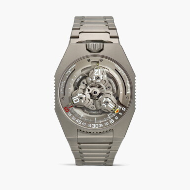 View full screen - View 1 of Lot 2602. UR-100V "Magic T" | A limited edition titanium semi-skeletonised revolving satellite wristwatch with distance travelled on earth, distance travelled by earth indication and bracelet, Circa 2024.