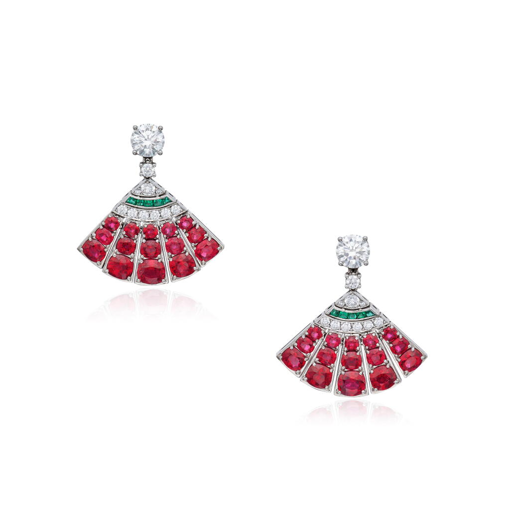 View full screen - View 1 of Lot 211. Pair of Ruby, Emerald and Diamond Earclips.