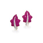 Pair of ruby and diamond ear clips