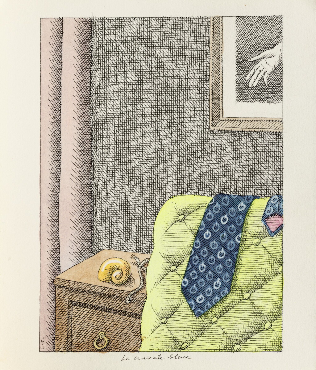 View full screen - View 1 of Lot 53. La cravate bleue : une cravate posée sur un fauteuil capitonné devant une table de nuit avec un coquillage et une cordelette, au mur une main encadrée.
