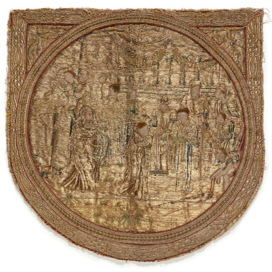 View full screen - View 1 of Lot 233. A silk and gilt-metal thread, or nué cope hood, possibly Flemish, 16th century.