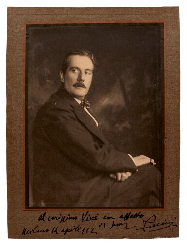 View full screen - View 1 of Lot 31. G. Puccini. Large photograph signed and inscribed to Vincent Seligman, MIlan 14 April 1912.