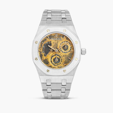 View full screen - View 1 of Lot 2263. Royal Oak, Reference 25730ST | A stainless steel dual time bracelet watch with date, power reserve and tropical dial, Circa 1998.