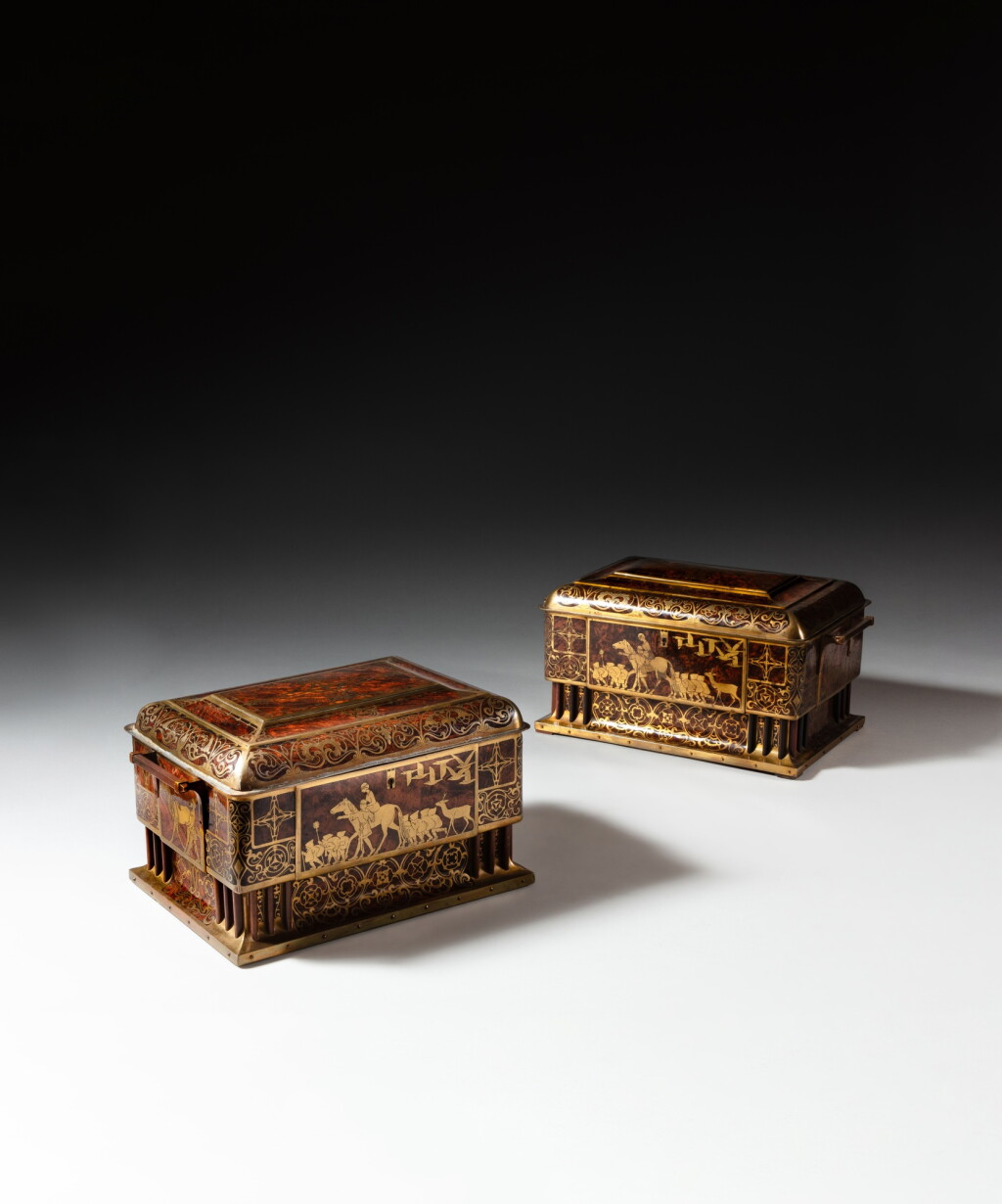 View full screen - View 1 of Lot 142. A pair of German burr walnut and brass marquetry caskets, circa 1900-1910, by Erhard & Söhne.