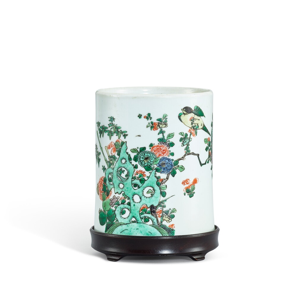 View full screen - View 1 of Lot 318. An inscribed famille-verte brushpot, Qing dynasty, Kangxi period 清康熙 五彩題詩花鳥紋筆筒.