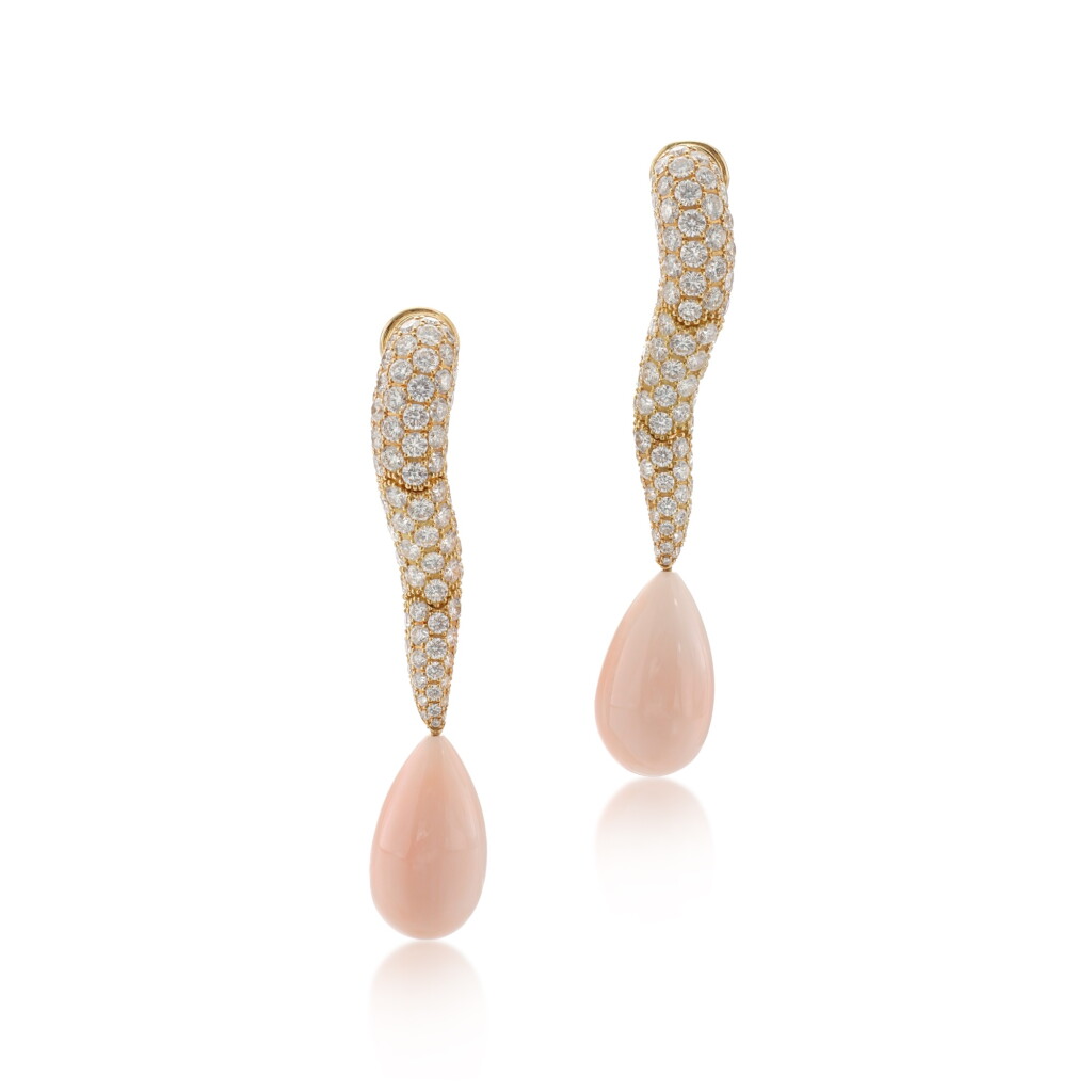 View full screen - View 1 of Lot 865. Pair of coral and diamond pendent earrings.