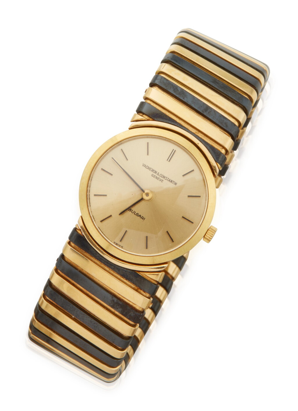 View full screen - View 1 of Lot 96. GOLD AND BLACKENED STEEL WRISTWATCH, BULGARI, VACHERON & CONSTANTIN.
